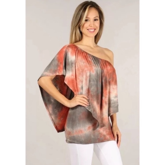 Rust Gray Multi Way Tie Dye Boho One Shoulder Top - Picture 5 of 7